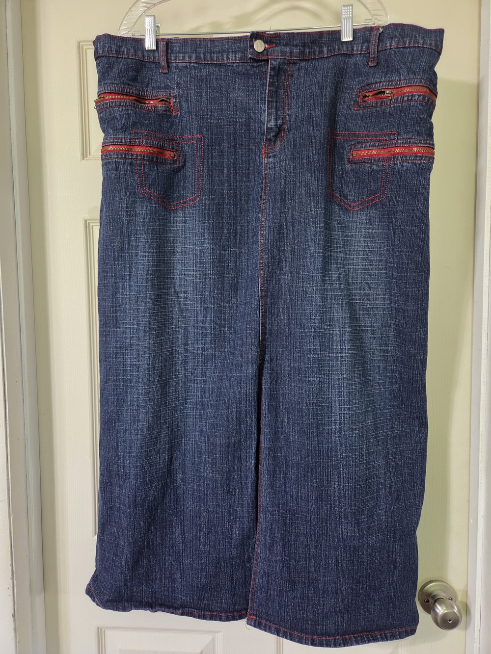 Vintage Y2K Neeso Jeans Co Maxi Denim Skirt Red Zipper Detail Modest Blue